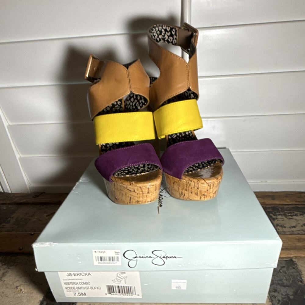 Jessica Simpson Colorblock Platform Stiletto Ankle Strap Tan Yellow Purple 7.5